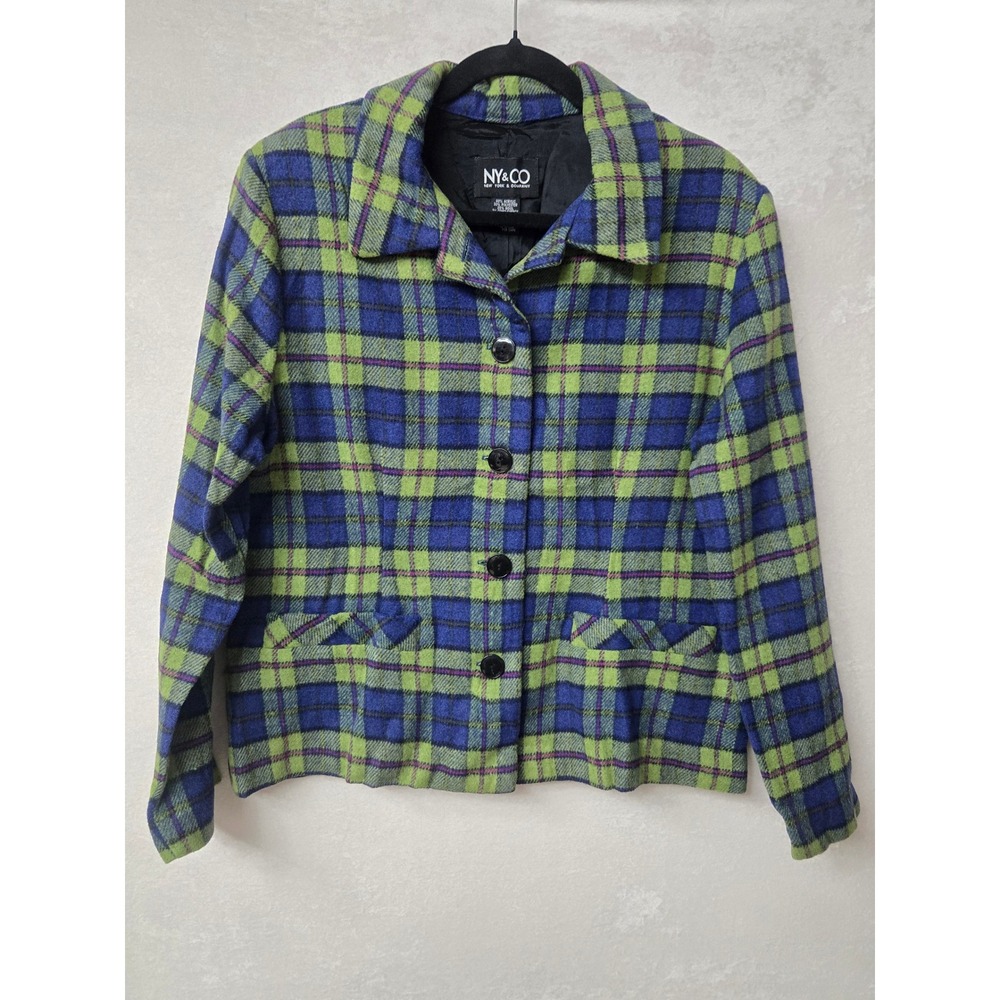 Vintage NY&CO Plaid Wool Blend Jacket Green Blue L Deadstock Made in USA 90s